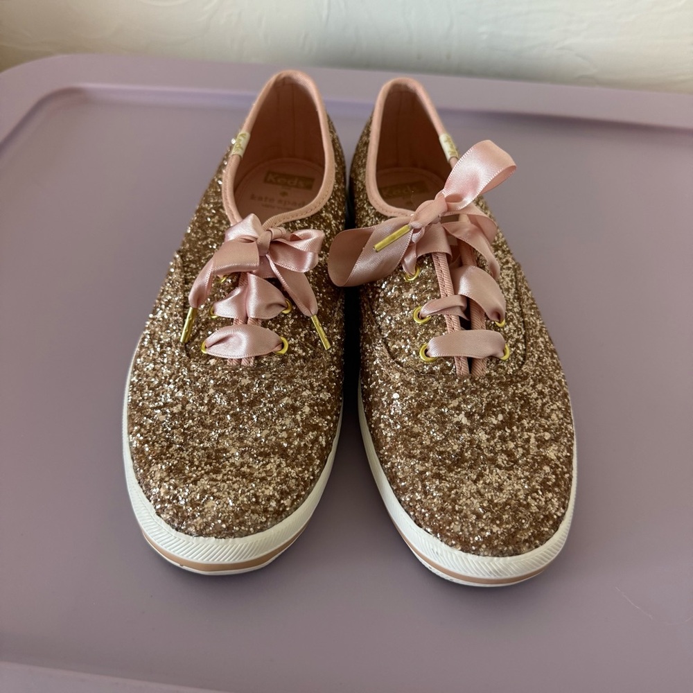 Keds x Kate Spade Rose Gold Glitter Sneakers with Satin Laces